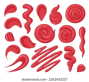 Tomato ketchup stains. Cartoon red hot sauce dip, chilli sauce splash, junk food dressing sauces flat vector illustration set