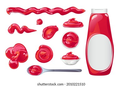 Tomato ketchup stains, splashes, blobs, spoon, jars and bottles set. Red spicy condiment design element in flat cartoon shiny style. Vector illustration