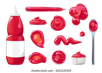 Tomato ketchup stains, splashes, blobs, spoon, jars and bottles set. Red spicy condiment design element in flat cartoon shiny style. Vector illustration