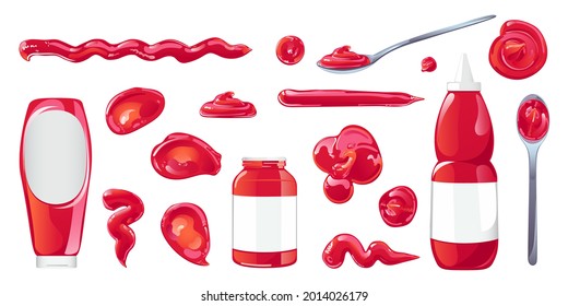 Tomato ketchup stains, splashes, blobs, spoon, jars and bottles set. Red spicy condiment design element in flat cartoon shiny style. Vector illustration