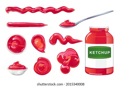 Tomato ketchup stains, splashes, blobs, spoon, jars and bottles set. Red spicy condiment design element in flat cartoon shiny style. Vector illustration