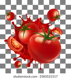 Tomato ketchup swirl splash with red juice drops, vector food condiment or seasoning. of juice, tomato paste, ketchup, sauce. 3d illustration Gradient Mesh