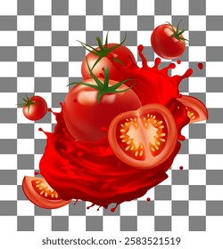 Tomato ketchup swirl splash with red juice drops, vector food condiment or seasoning. of juice, tomato paste, ketchup, sauce. 3d illustration Gradient Mesh