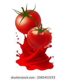 Tomato ketchup swirl splash with red juice drops, vector food condiment or seasoning. of juice, tomato paste, ketchup, sauce. 3d illustration Gradient Mesh