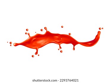 Esplandor de ondas de ketchup de tomate, comida vectorial. Kétchup realista, salsa de tomate rojo o catsup derramado con caídas. Oleada de jugo o de pasta vegetal, condimento alimentario o condimento