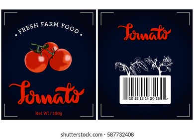 Tomato label design for product. Collection of food label design on dark background. Bar code design. Hand draw lettering Tomato.