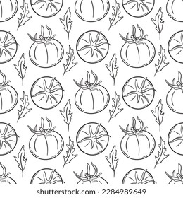 Tomato and leaves hand engraved seamless pattern. Ink sketch tomatoes background. Print for packaging, paper and design, vector illustration