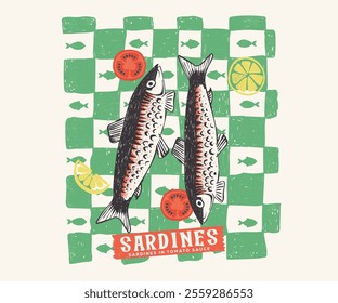 Tomato, lemon and fish. Seafood t shirt design. Canned fish artwork. Fish vintage artwork. Sardines fish artwork for t shirt print, poster, sticker and other uses.