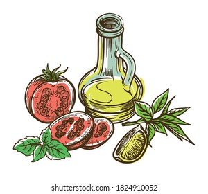 tomato, lemon slice and jug of olive oil. vector sketch on white background