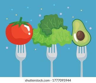 lechuga de tomate y aguacate sobre el diseño de horquilla, alimentos orgánicos saludables calidad de productos naturales frescos del mercado y tema del restaurante Ilustración vectorial