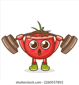 tomato lifting the barbell character. cartoon mascot vector