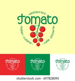 Tomato logo. Italian cuisine restaurant logo. Pizzeria or cafe emblem. Letters and cherry tomatoes. Identity.