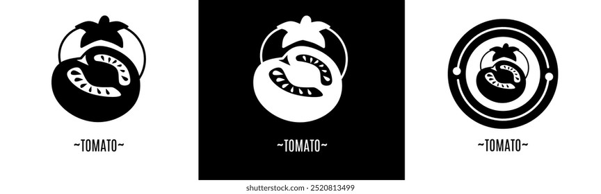 Conjunto do logotipo do tomate. Coleção de logotipos em preto e branco. Vetor de estoque.