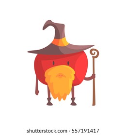 Tomato In Magician Costume With Staff And Beard, Part Of Vegetables In Fantasy Disguises Series Of Cartoon Silly Characters