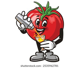 Tomato making a cocktail, Cartoon Mascot Illustration Character Vector Clip-Art Hand-Drawn Logo Design