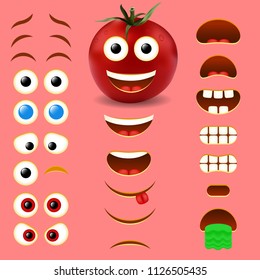 Tomato male emoji maker, smiley creator. Vector design collection of emoticon body parts for your own cool emoji creation.