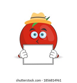 Tomato mascot character holding a white blackboard. vector illustration