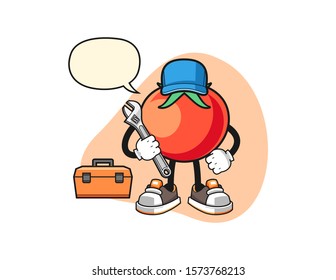 Tomato mechanic with speech bubble cartoon. Mascot Character vector.