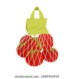 Tomate. Tomate in einem Netzbeutel. Tomaten in einer Tasche. Bio-Gemüse auf dem Bauernhof. Illustration im flachen Stil auf weißem Hintergrund.