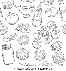 Tomato Monochrome Seamless Pattern. Vector Illustration In  Linear Style.