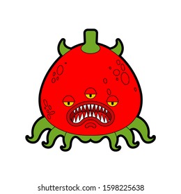 Tomato monster GMO mutant. Angry Vegetable with teeth. Hungry Alien Food vector illustration