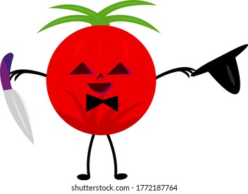 Tomato monster for Halloween. Red vegetable with carved triangular eyes holds a sharp knife in one hand and in the other hat the concept of the popular autumn holiday and mysticism