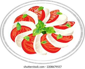 Tomato and mozzarella cheese salad served on a plate hand drawn style.