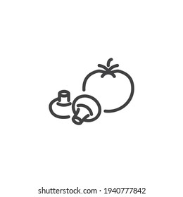 Icono de línea de tomate y hongo. signo de estilo lineal para concepto móvil y diseño web. Hortalizas frescas, setas con icono vectorial de contorno de tomate. Símbolo, ilustración del logotipo. Gráficos vectoriales