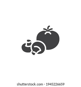 Tomate und Pilz Vektorsymbol. volles Flachzeichen für mobiles Konzept und Webdesign. Frisches Gemüse, Pilz mit Tomatensymbol. Symbol, Logo-Abbildung. Vektorgrafik
