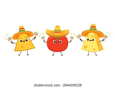 Tomato, Nacho and Cheese character design. Nachos and cheese on white background.
