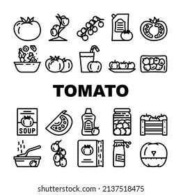 Tomato Natural Bio Ingredient Icons Set Vector. Tomato Vitamin Vegetable For Prepare Salad And Fresh Juice, Receipt Book For Cooking Delicious Dish And Drink, Sauce Soup CBlack Contour Illustrations