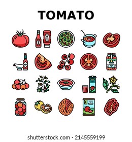 Tomato Natural Vitamin Vegetable Icons Set Vector. Tomato Soup And Salad Meal, Cooking Delicious Dish Food From Bio Ingredient, Ketchup And Sauce, Juice Drink And Paste Color Illustrations