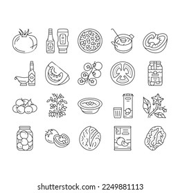 Tomato Natural Vitamin Vegetable Icons Set Vector. Tomato Soup And Salad Meal, Cooking Delicious Dish Food From Bio Ingredient, Ketchup And Sauce, Juice Drink And Paste Black Contour Illustrations