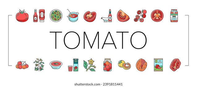 Tomato Natural Vitamin Vegetable Icons Set Vector. Tomato Soup And Salad Meal, Cooking Delicious Dish Food From Bio Ingredient, Ketchup And Sauce, Juice Drink And Paste Color Illustrations