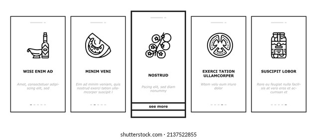 Tomato Natural Vitamin Vegetable Onboarding Mobile App Page Screen Vector. Tomato Soup Salad Meal, Cooking Delicious Dish Food From Bio Ingredient, Ketchup And Sauce, Juice Drink Paste Illustrations