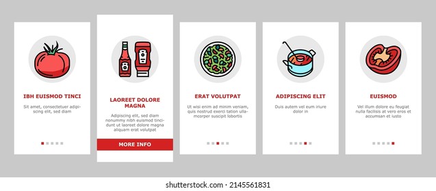 Tomato Natural Vitamin Vegetable Onboarding Mobile App Page Screen Vector. Tomato Soup Salad Meal, Cooking Delicious Dish Food From Bio Ingredient, Ketchup And Sauce, Juice Drink Paste Illustrations