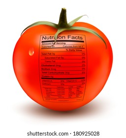 Tomato with a nutrition facts label. Concept of healthy food. Vector.