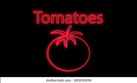 tomato on a black background, vector illustration, neon. appetizing, round tomato, healthy food. neon red, bright illumination, a sign with the name tomato.