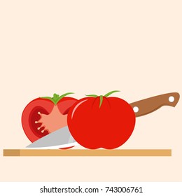 Tomato on chopped board. free space for text. Cut half.