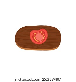 Tomato on cutting board. Sliced farm grain rustic loafs on wooden board with knife, natural cereal bakery products, healthy food concept. Vector set on white background