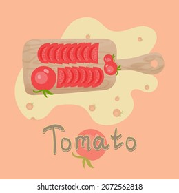 Tomato on a cutting board, top view. 