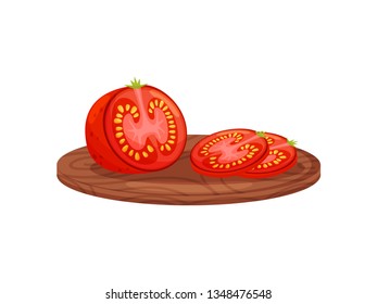 Tomato on cutting board on white background.