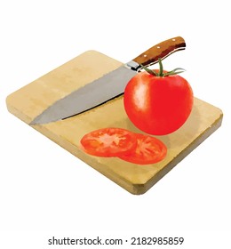 Tomato On The On The Kitchen Desk. Cooking Italian Food Vector. Preparing Salad. Vegan Style Illustration. Kitchenware Clipart. Watercolor Style. Picture For Menu Cafe And Restaurant.