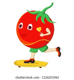 Tomato on a skateboard. Cartoon character. Isolated on white background. Vector illustration.