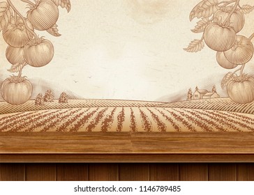 Tomato orchard background with 3d illustration wooden table and engraved field scenery, copy space for design