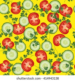 Tomato, parsley  & cucumber vector seamless pattern. Vegetable vegetarian template on the yellow background. Vegetable mix slice, salad bar template.