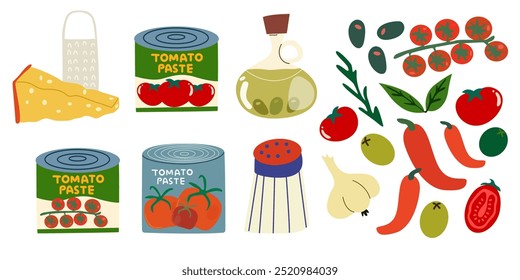 Massa de tomate para pizza e espaguete, um conjunto de ingredientes queijo parmesão, manjericão, rúcula, tomates, salame, pimenta, azeitonas, alecrim, azeite, alho. Produtos para cozinhar pizzas e massas
