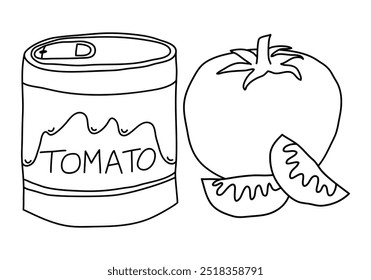 Tomato paste, a can of tomatoes, a whole tomato, tomato slices. Flat black and white illustration, line style, eps10