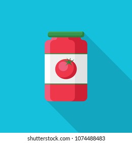 Tomato paste in glass jar flat icon with long shadow isolated on blue background. Simple tomato paste in flat style, vector illustration for web and mobile design.