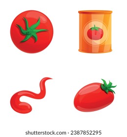 Iconos de pasta de tomate configuran el vector de dibujos animados. Verdura roja y lata de pasta de tomate. Productos en lata, alimentos